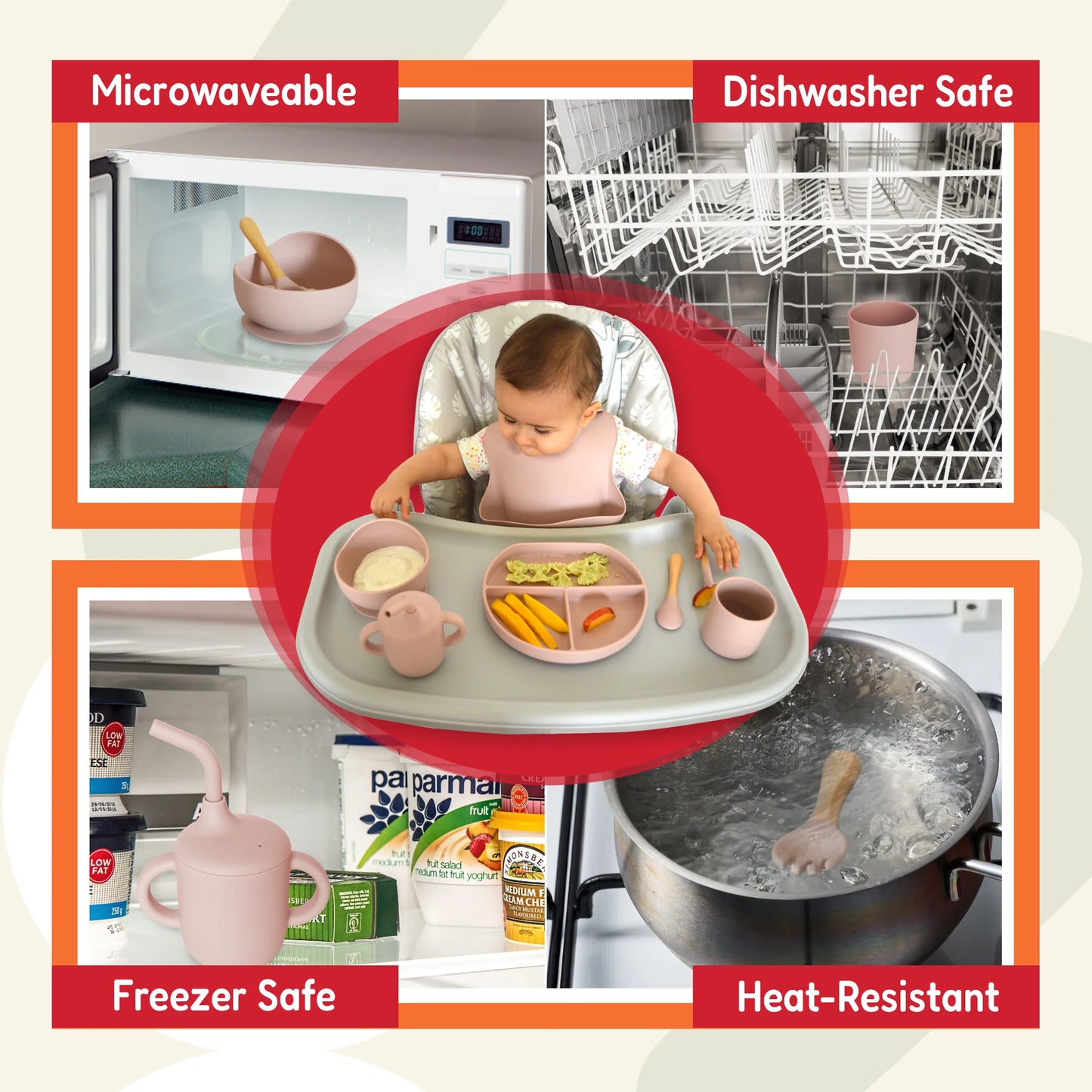 Silicone Baby Feeding Set - Complete Self-Feeding Kit with Suction Plate, Spill-Proof Bib, Wooden Spoon & Fork, Leak-Proof Cups - Encourage Healthy Eating in Infants and Toddlers