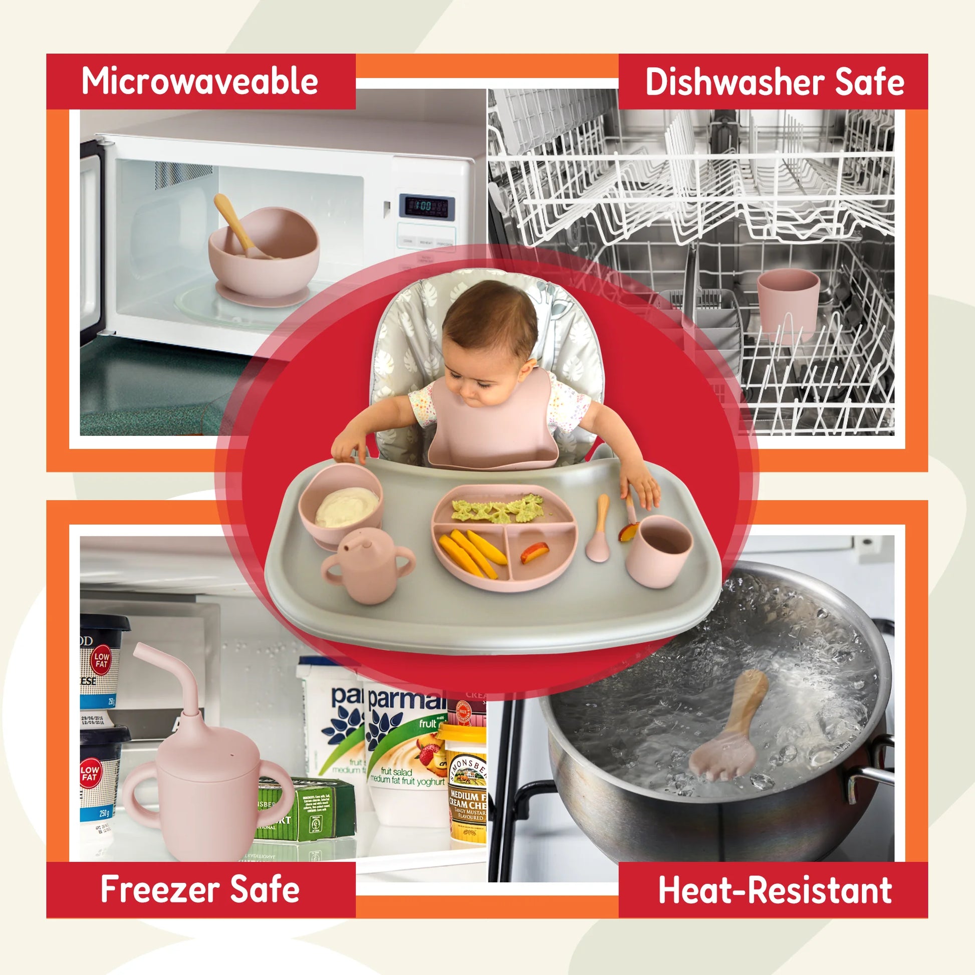 Silicone Baby Feeding Set - Complete Self-Feeding Kit with Suction Plate, Spill-Proof Bib, Wooden Spoon & Fork, Leak-Proof Cups - Encourage Healthy Eating in Infants and Toddlers