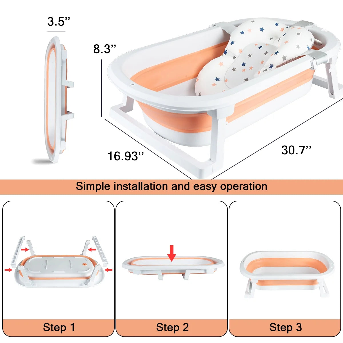 Foldable Baby Bathtub, Portable Travel Newborn Infants Bath Tubs, Pink+Floating Mat