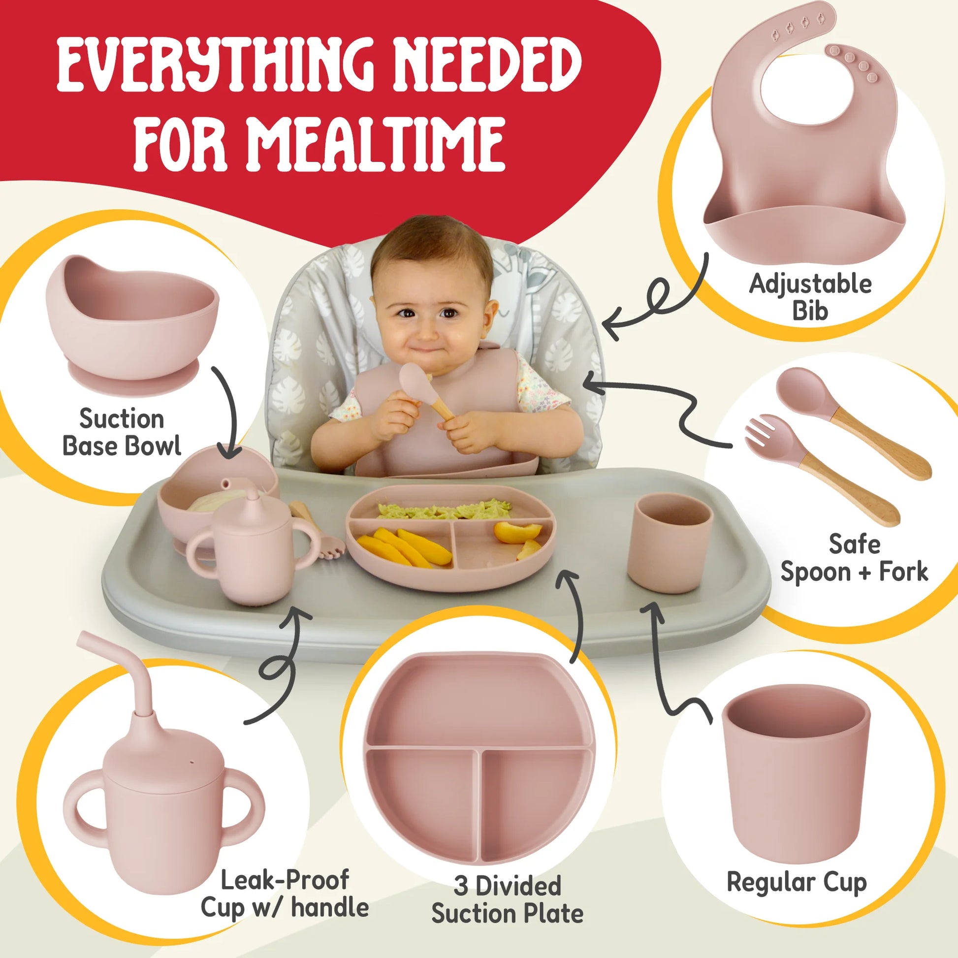 Silicone Baby Feeding Set - Complete Self-Feeding Kit with Suction Plate, Spill-Proof Bib, Wooden Spoon & Fork, Leak-Proof Cups - Encourage Healthy Eating in Infants and Toddlers