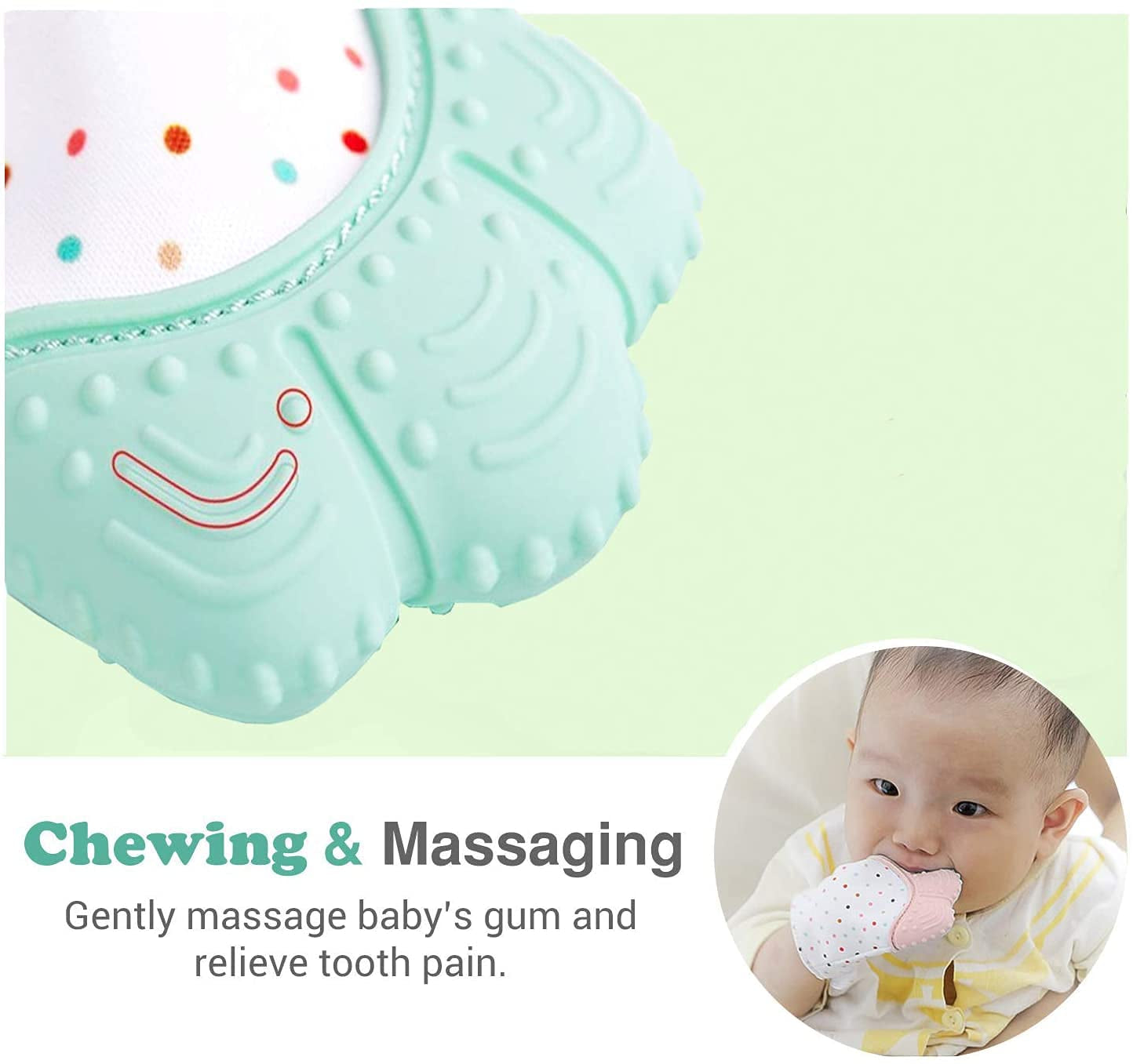 Baby Teething Mitten for Babies - Self-Soothing Pain Relief Teething Toys Glove for Teething Babies, Toddlers, Infants, Unisex - Natural Organic BPA Free,3+ Months (Mint Green)