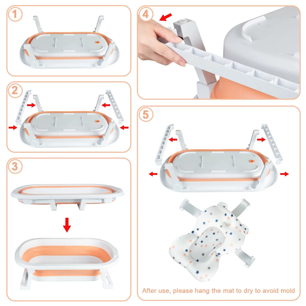 Foldable Baby Bathtub, Portable Travel Newborn Infants Bath Tubs, Pink+Floating Mat