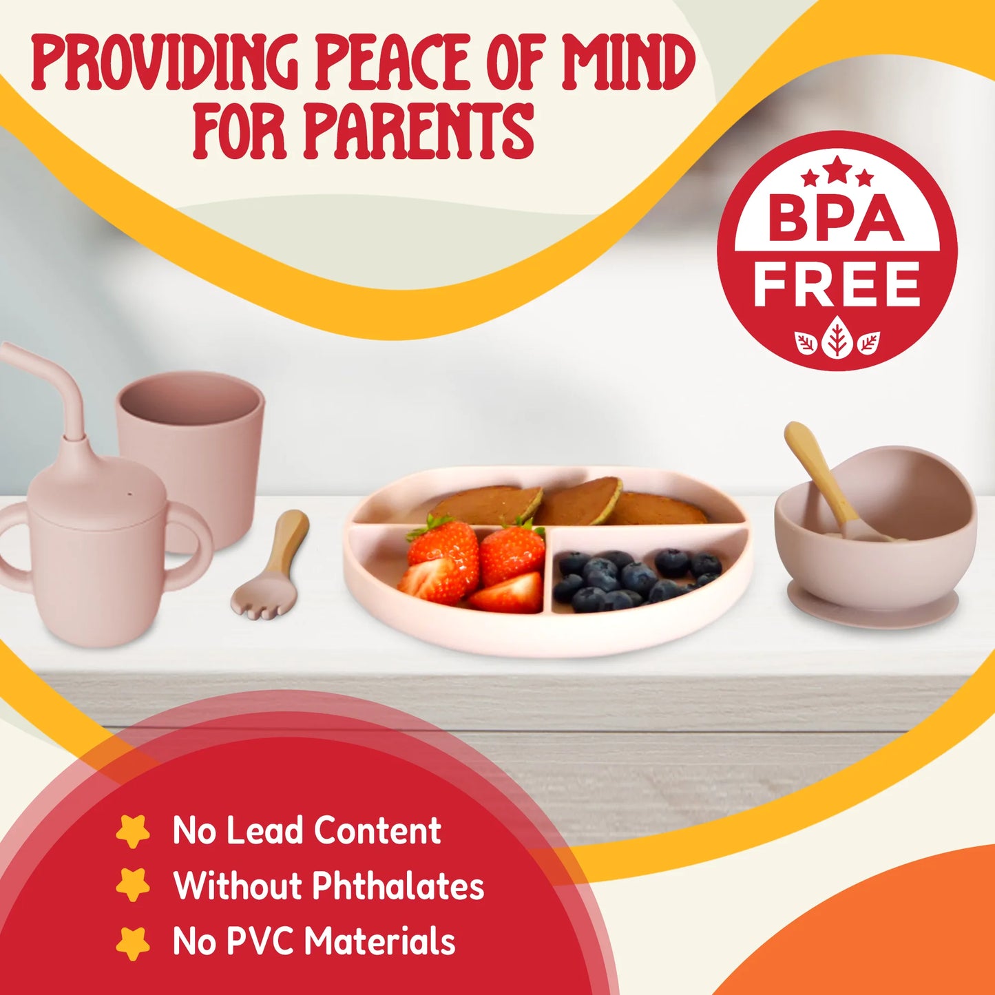 Silicone Baby Feeding Set - Complete Self-Feeding Kit with Suction Plate, Spill-Proof Bib, Wooden Spoon & Fork, Leak-Proof Cups - Encourage Healthy Eating in Infants and Toddlers