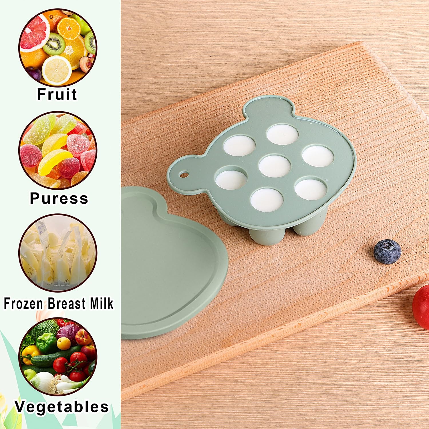 Baby Fruit Feeder & Breastmilk Popsicle Mold Set – 3 Pack Silicone Teething Relief Kit with Food Feeder Pacifier, Freezer Tray with Lid & Baby Teether Toy (Pea Green)