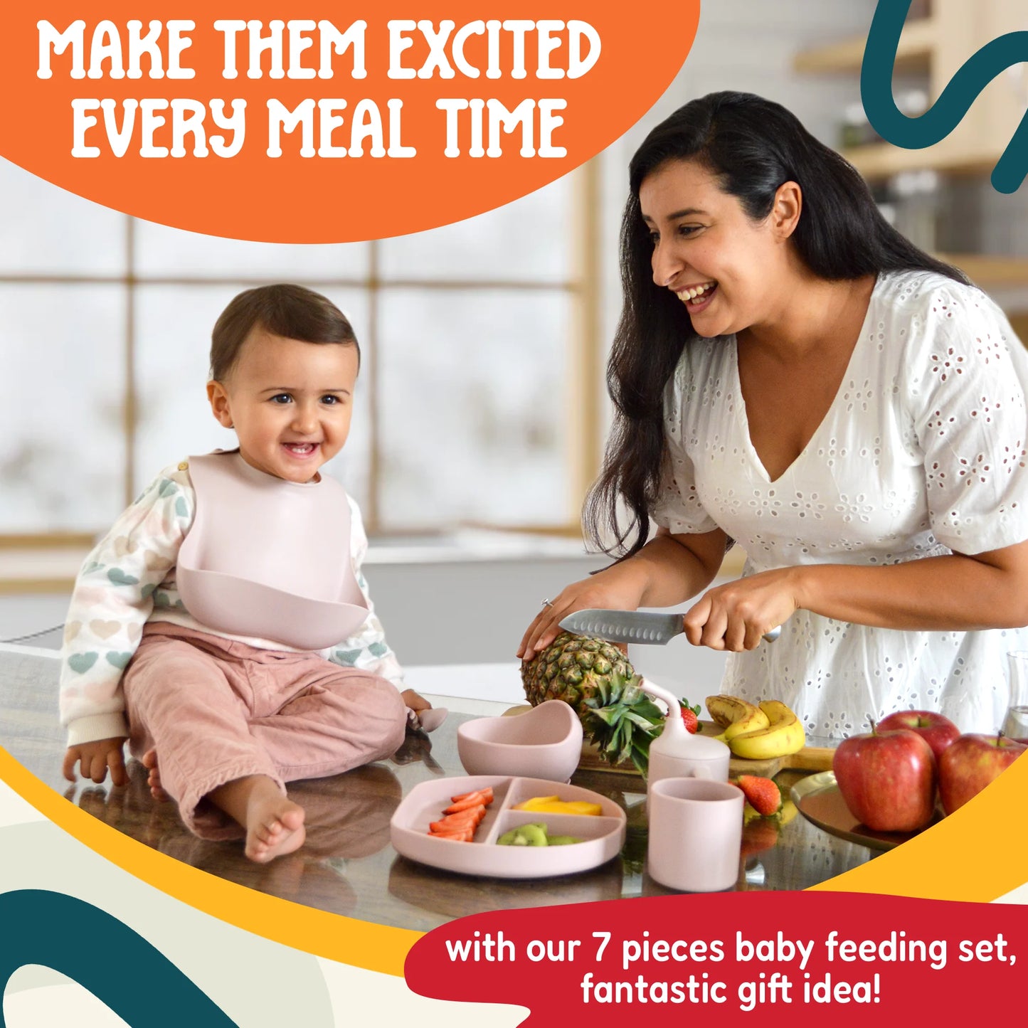 Silicone Baby Feeding Set - Complete Self-Feeding Kit with Suction Plate, Spill-Proof Bib, Wooden Spoon & Fork, Leak-Proof Cups - Encourage Healthy Eating in Infants and Toddlers