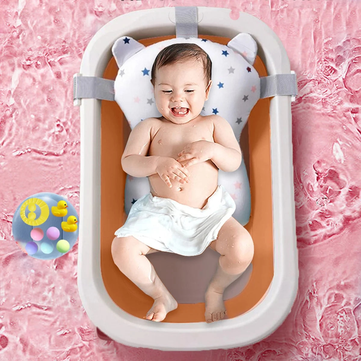 Foldable Baby Bathtub, Portable Travel Newborn Infants Bath Tubs, Pink+Floating Mat