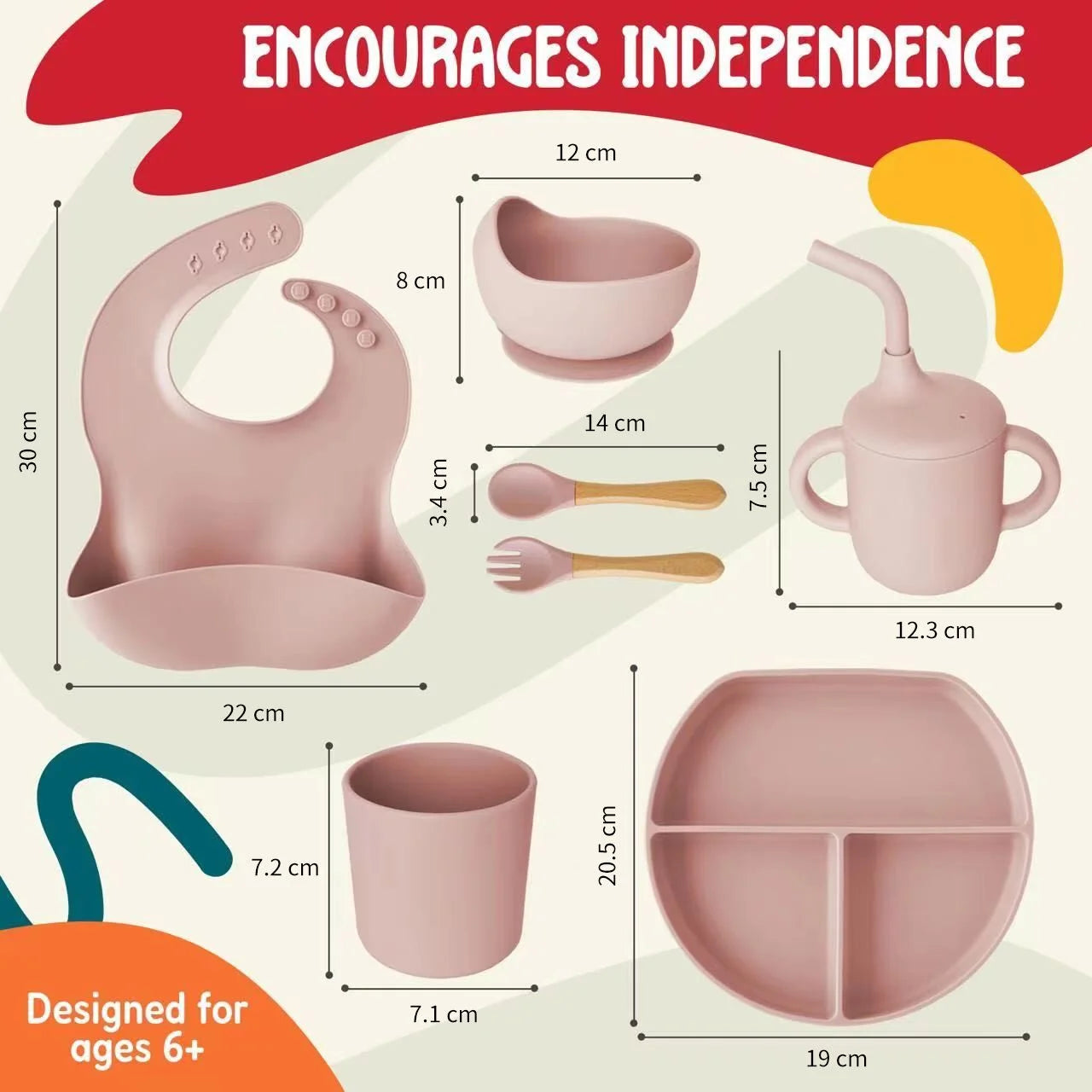 Silicone Baby Feeding Set - Complete Self-Feeding Kit with Suction Plate, Spill-Proof Bib, Wooden Spoon & Fork, Leak-Proof Cups - Encourage Healthy Eating in Infants and Toddlers