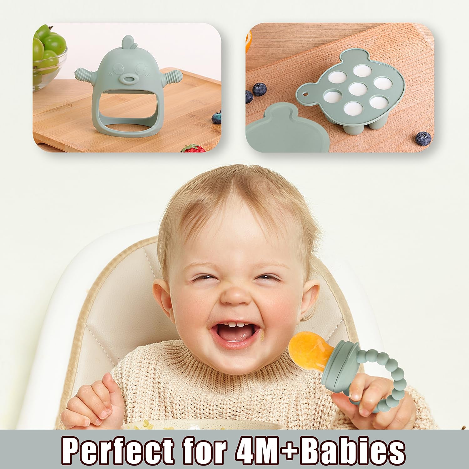 Baby Fruit Feeder & Breastmilk Popsicle Mold Set – 3 Pack Silicone Teething Relief Kit with Food Feeder Pacifier, Freezer Tray with Lid & Baby Teether Toy (Pea Green)