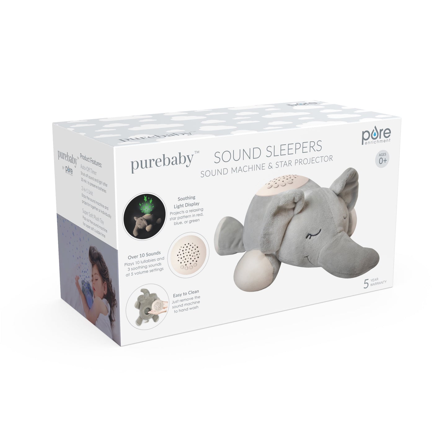 Purebaby Sound Sleepers Portable Baby Sound Machine & Star Projector - Plush Sleep Aid for Baby and Toddlers, Night Light, 10 Lullabies, White Noise, and Heartbeat Sounds (Elephant)