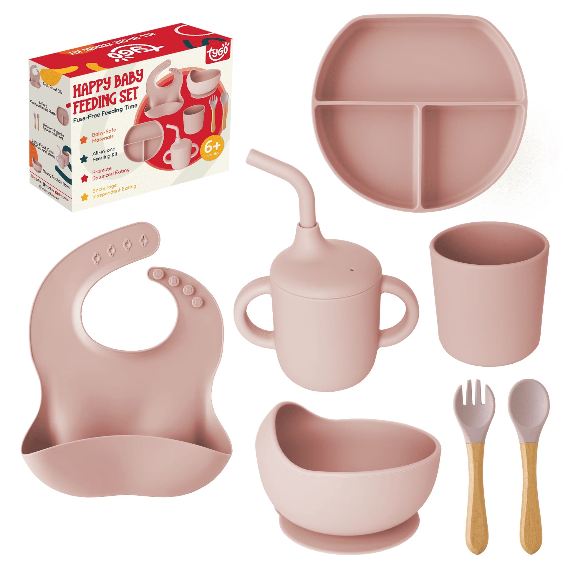 Silicone Baby Feeding Set - Complete Self-Feeding Kit with Suction Plate, Spill-Proof Bib, Wooden Spoon & Fork, Leak-Proof Cups - Encourage Healthy Eating in Infants and Toddlers