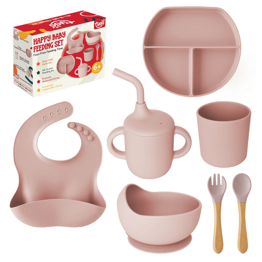 Silicone Baby Feeding Set - Complete Self-Feeding Kit with Suction Plate, Spill-Proof Bib, Wooden Spoon & Fork, Leak-Proof Cups - Encourage Healthy Eating in Infants and Toddlers