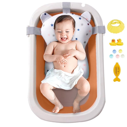 Foldable Baby Bathtub, Portable Travel Newborn Infants Bath Tubs, Pink+Floating Mat