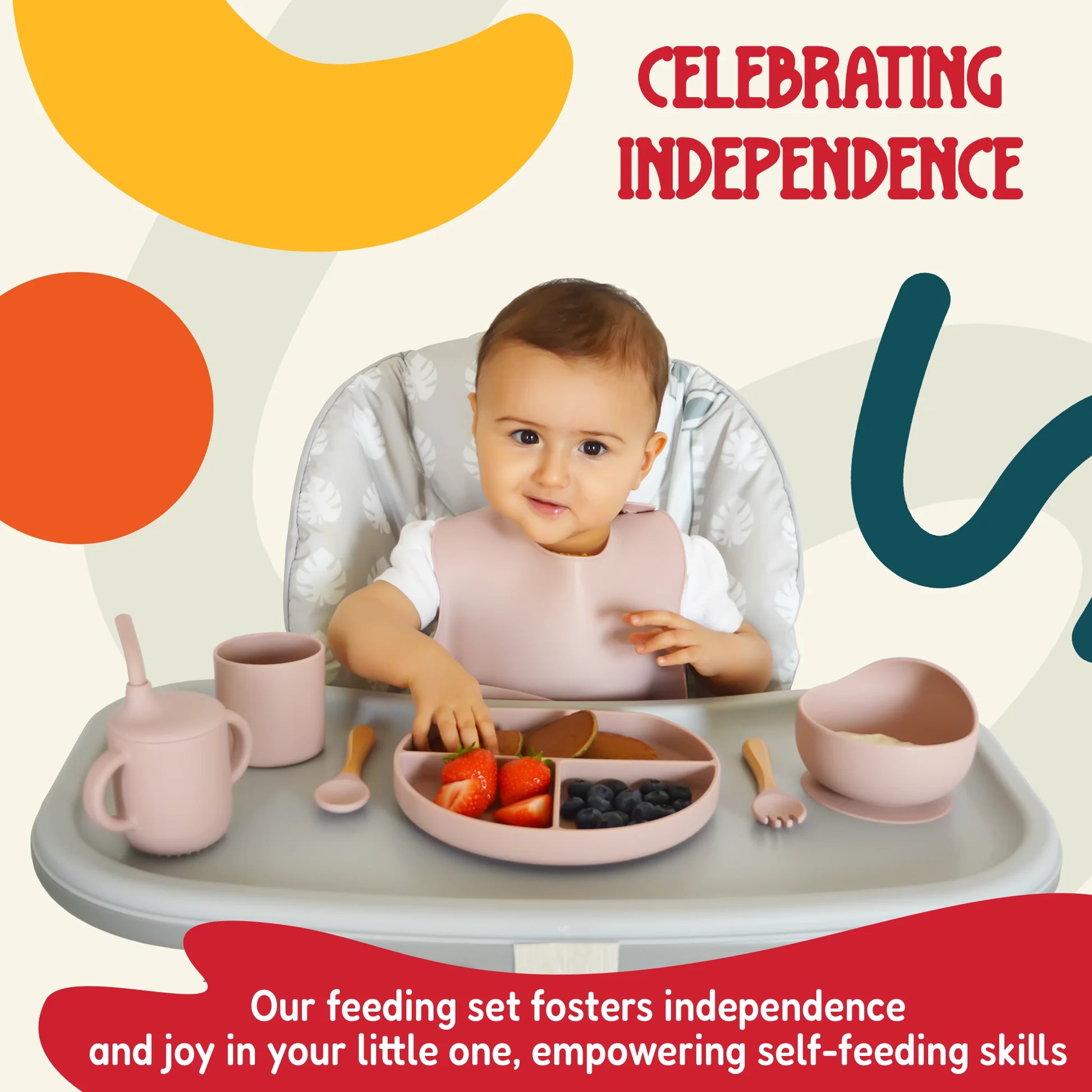Silicone Baby Feeding Set - Complete Self-Feeding Kit with Suction Plate, Spill-Proof Bib, Wooden Spoon & Fork, Leak-Proof Cups - Encourage Healthy Eating in Infants and Toddlers