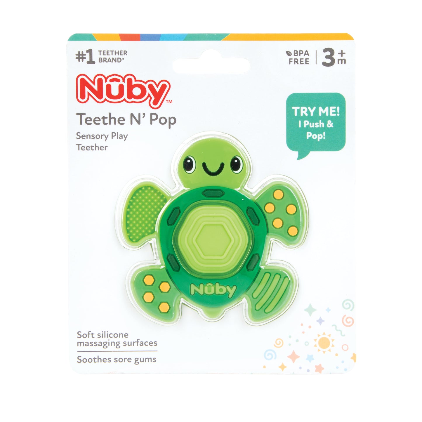 Teethe N' Pop Sensory Play Teether for Infants, Green Turtle Baby Teether