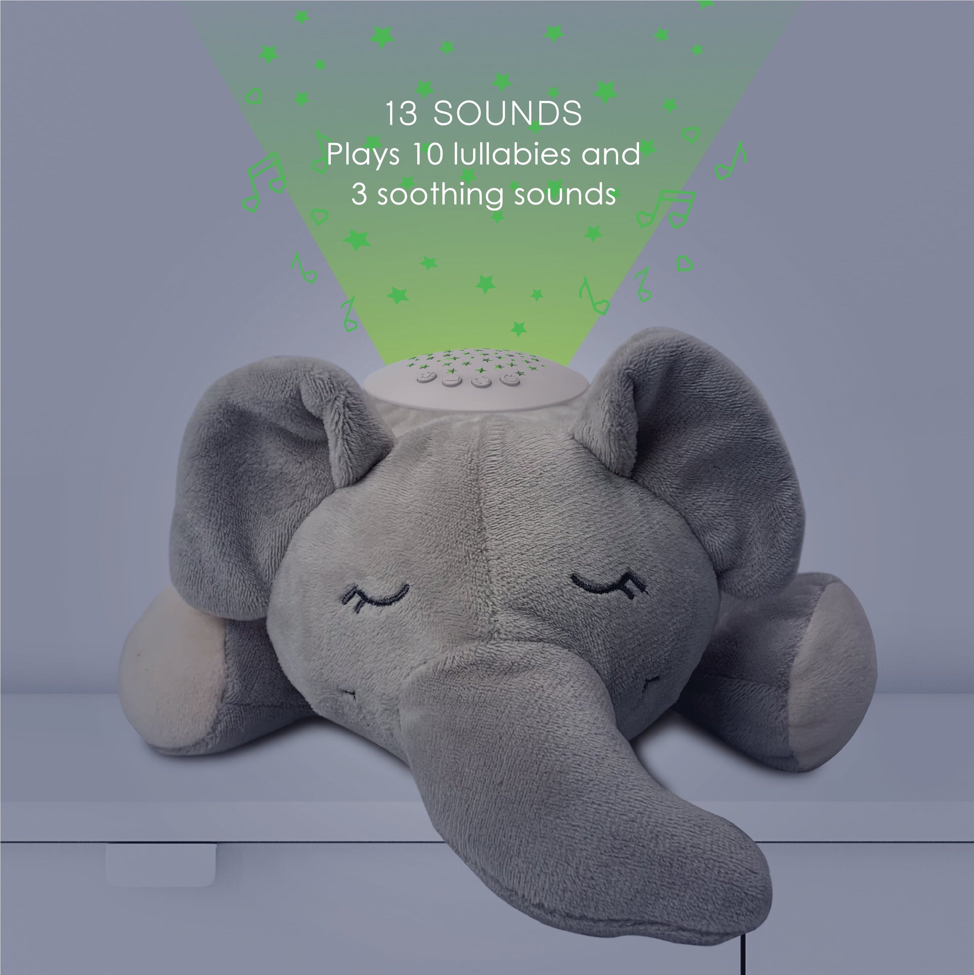 Purebaby Sound Sleepers Portable Baby Sound Machine & Star Projector - Plush Sleep Aid for Baby and Toddlers, Night Light, 10 Lullabies, White Noise, and Heartbeat Sounds (Elephant)