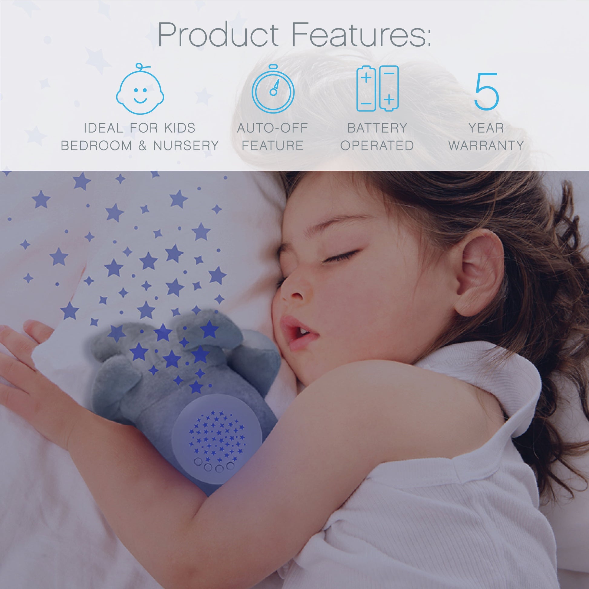 Purebaby Sound Sleepers Portable Baby Sound Machine & Star Projector - Plush Sleep Aid for Baby and Toddlers, Night Light, 10 Lullabies, White Noise, and Heartbeat Sounds (Elephant)