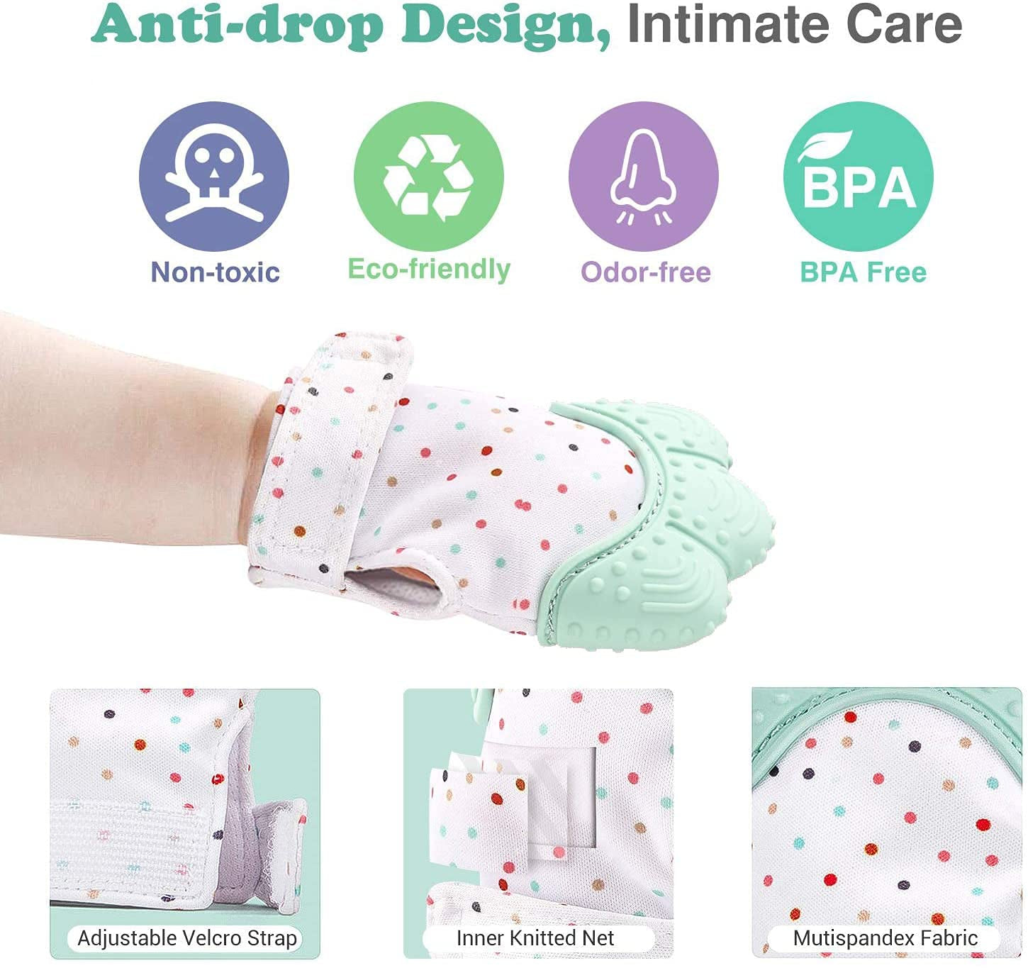 Baby Teething Mitten for Babies - Self-Soothing Pain Relief Teething Toys Glove for Teething Babies, Toddlers, Infants, Unisex - Natural Organic BPA Free,3+ Months (Mint Green)